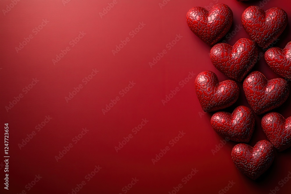 Poster red hearts scattered on a vibrant red background creating a romantic and playful design