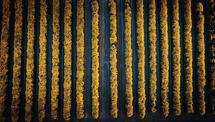 Aerial view of rows of golden crops in a farm field