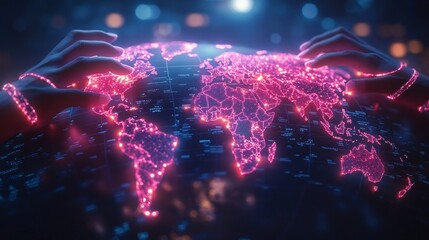 Fototapeta premium Global Rare Disease Awareness – A world map with glowing ribbons and hands reaching out, representing international efforts to raise awareness and find cures.