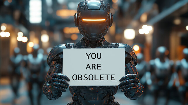 A humanoid AI agent robot worker during work displacement symbolizing agentic autonomy and automation of jobs affecting employment in the workforce because of superintelligence