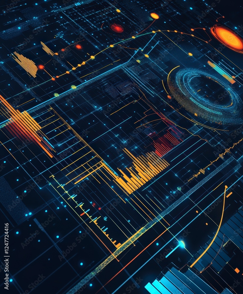 Poster abstract digital data visualization in neon colors and shapes