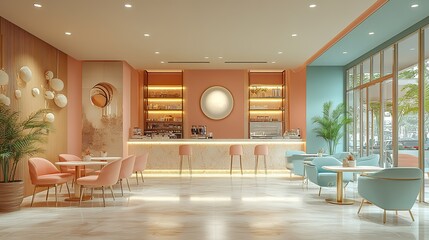 A spacious and inviting cafe scene showcases a blend of modern design elements, pastel colors, and elegant seating arrangements. The space displays a unique charm.