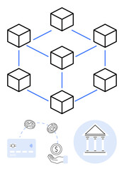 Network of interconnected cubes, digital money transfer, credit card, dollar coins, and classical bank building illustration. Ideal for blockchain, finance, banking, cryptocurrency digital
