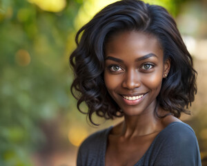 A young woman smiles warmly at the camera, set against a blurred natural background with shades of green. Her expression is friendly and inviting with soft lighting enhancing her features.