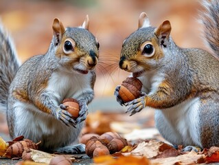Two adorable squirrels holding acorns in an autumn setting, close-up shot