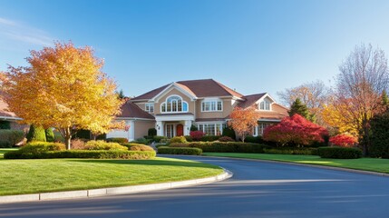 Naklejka premium Beautiful suburban home surrounded by vibrant autumn trees and well-maintained landscaping