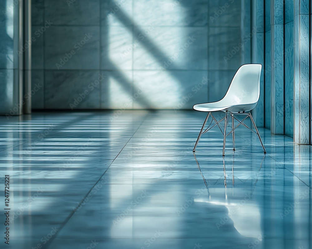 Poster empty modern chair in a light-filled hallway. reflection on polished floor. possible use stock photo