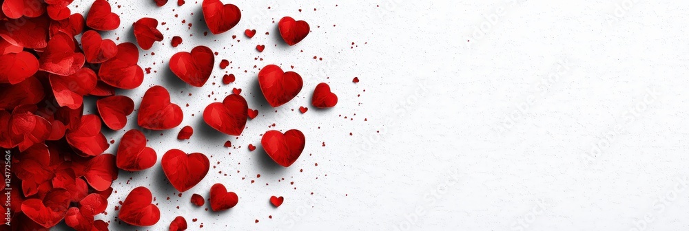 Poster red hearts floating down from the ceiling creating a festive and romantic atmosphere in the room