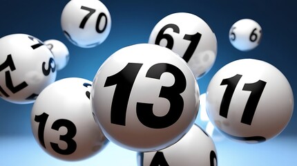 Fototapeta premium Floating lottery balls with bold black numbers against a vibrant blue background, symbolizing luck, chance, gambling, and jackpot winnings in a dynamic and engaging composition
