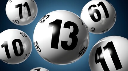 Floating lottery balls with bold black numbers against a vibrant blue background, symbolizing luck, chance, gambling, and jackpot winnings in a dynamic and engaging composition

