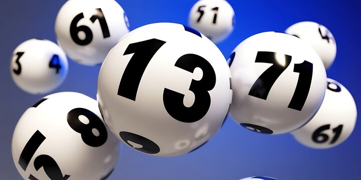 Floating lottery balls with bold black numbers against a vibrant blue background, symbolizing luck, chance, gambling, and jackpot winnings in a dynamic and engaging composition

