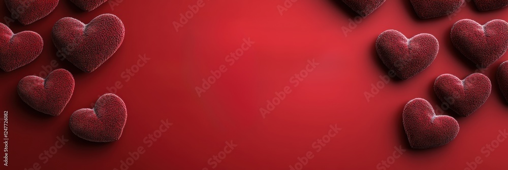 Poster group of red hearts arranged on a solid red background creating a vibrant and romantic display