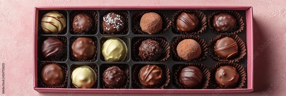 Poster assorted box of chocolates with various shapes and flavors displayed on a wooden table