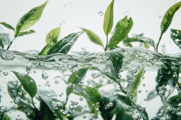 Fresh green leaves submerged in clear water with bubbles creating a serene aquatic atmosphere