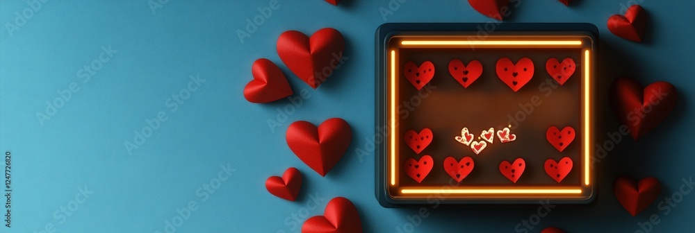 Poster box with floating hearts emerging from an open container on a light background