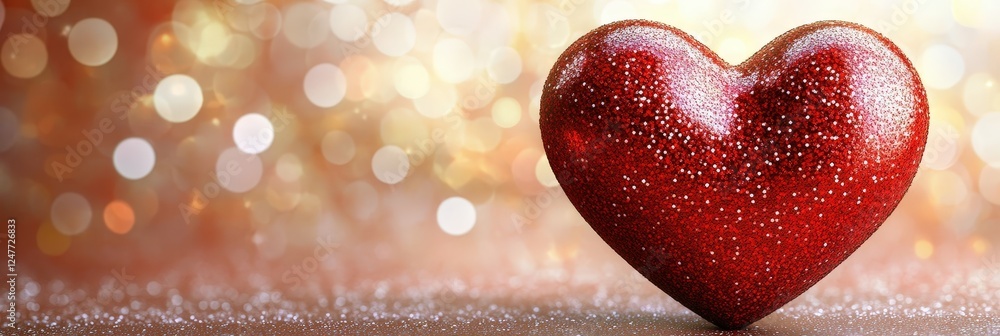 Poster red heart decoration on a table with soft glowing lights in the background creating a romantic atmos