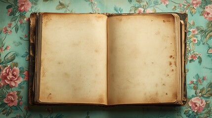 Antique Open Book on Floral Patterned Fabric