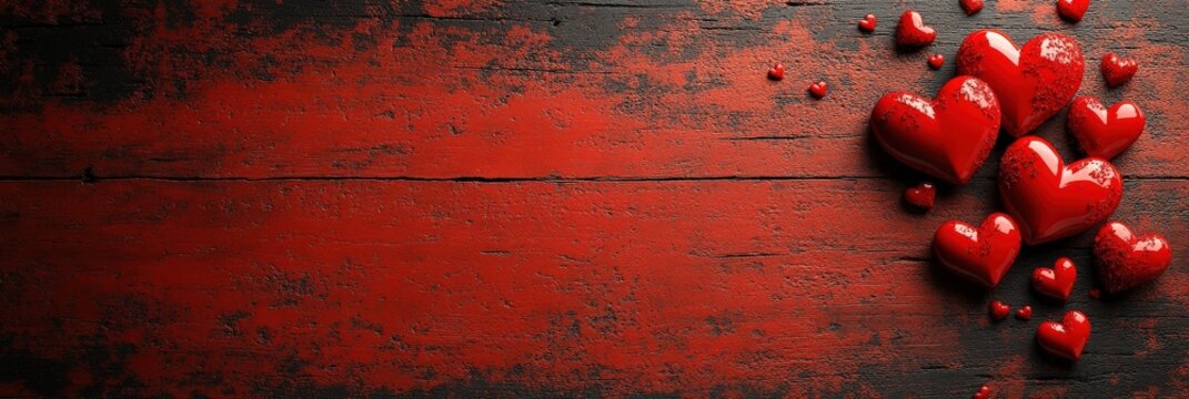 A collection of red hearts arranged on a rustic wooden surface for decoration or romantic themes