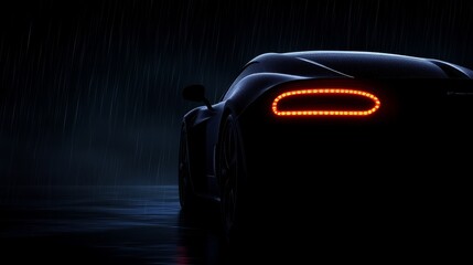 Obraz premium Sleek sport car silhouette illuminated by rain-soaked street light against a dark, moody background