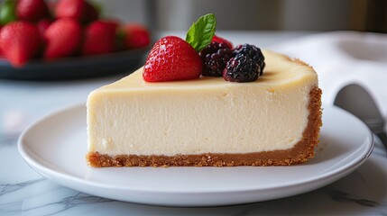 Delicious Cheesecake Slice Garnished with Fresh Berries on a White Plate