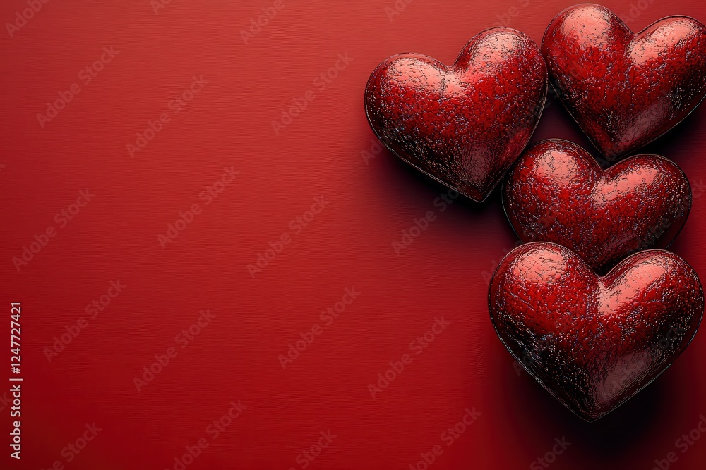 Poster three red hearts arranged on a solid red background creating a simple and bold visual composition