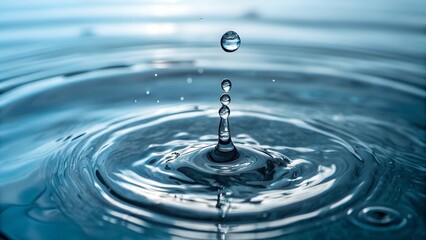 A water droplet falls into a still pool, creating mesmerizing ripples. The deep blue tones and smooth reflections emphasize purity, tranquility, and the beauty of nature.