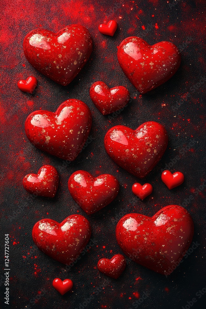 Poster Cluster of red hearts arranged on a solid black background creating a decorative pattern