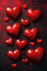Fototapeta premium Cluster of red hearts arranged on a solid black background creating a decorative pattern
