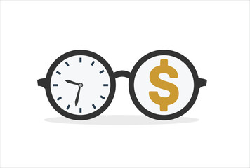 Time is money, financial freedom concept, long term investing, saving money, eyeglasses with dollar sign and time running clock.