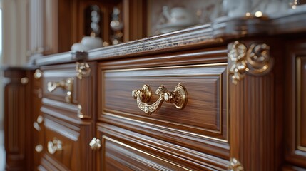 Elegant wooden dresser detail, gold accents, luxury home interior, furniture design