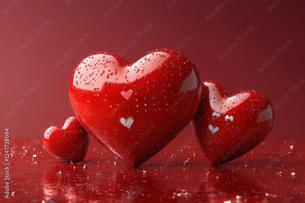 Poster three red hearts with water droplets on a reflective surface capturing love and emotion in a simple 