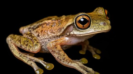 Detailed Close-Up of a Tree Frog with Striking Orange Eyes on Black Background