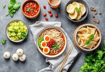 flat lay ramen soup and dumplings in steamer