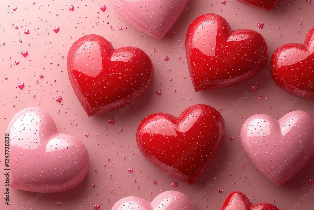 Poster multiple colorful hearts arranged on a soft pink background creating a playful and cheerful design