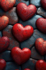 Fototapeta premium Bunch of red hearts scattered on a solid blue background creating a vibrant and cheerful design