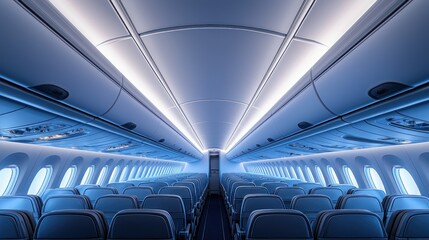 Fototapeta premium Empty airplane cabin, blue seats, overhead lights, travel