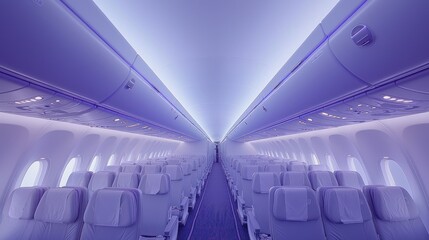 Fototapeta premium Empty airplane cabin, purple lighting, travel, interior
