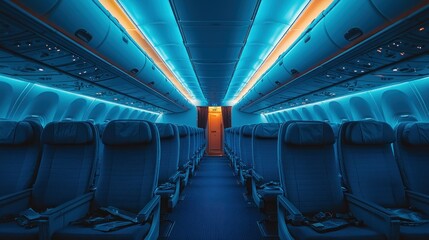 Fototapeta premium Empty airplane cabin at night, interior view. Travel, transport