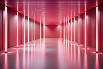 Pink Neon Corridor An Immersive Architectural Design with Illuminated Pillars and Reflective Floor