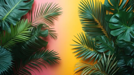 a vibrant image showing different types of tropical palm leaves artistically arranged on a duo-tone background of bright yellow and soft pink.