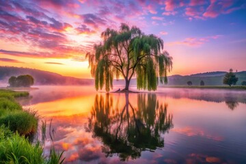 Serene Weeping Willow Reflecting in a Misty Lake at Sunrise, Painting a Vivid Picture of Tranquil Nature's Beauty