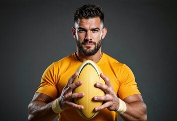 front view of male rugby player posing with ball