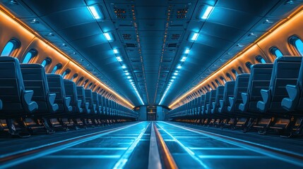 Fototapeta premium Empty Airplane Cabin, Night Flight, Interior, Modern