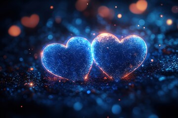 Fototapeta premium Two blue hearts on a dark background symbolizing love and connection in an abstract design