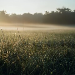 Foggy Open Field at Dawn with Soft Light and Mystical Atmosphere