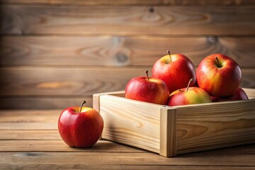 A wooden crate filled with ripe, red apples sits on a rustic wooden surface