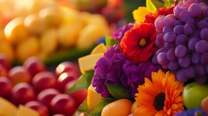 Vibrant display of fresh fruit and colorful flower at a bustling market during golden hour