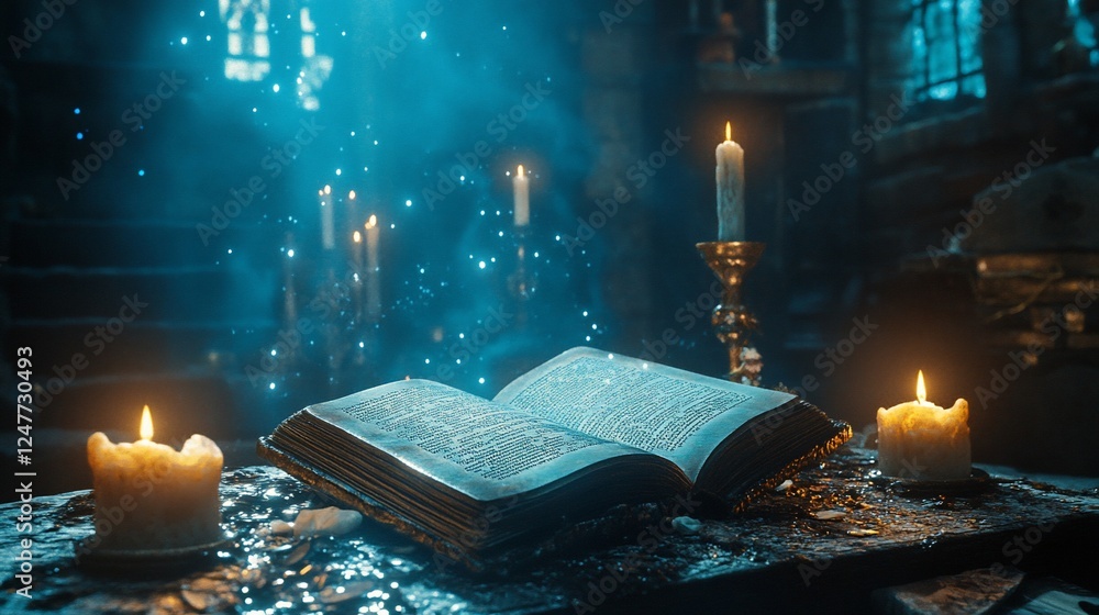 Poster mystical open book illuminated by candlelight with magical spark effect scene