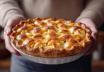 Freshly Baked Apple Pie with Lattice Crust Held in Hands Against Cozy Kitchen Background