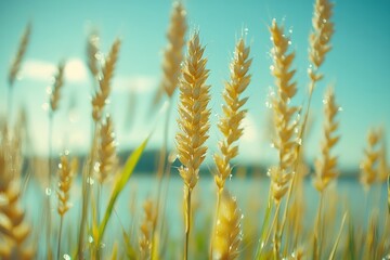 Fototapeta premium Close-Up of Dew Drops on Grass with Soft Focus and Bokeh Effect. Perfect Background for Text and Design Elements, Featuring Fresh Green Blades and a Blurred Light Blue Sky.